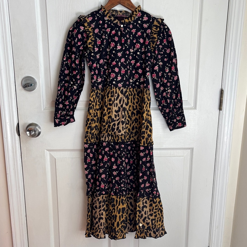 Scotch & Soda Nordic Tales girls Floral Leopard Tiered Midi Dress Sz 10 modest